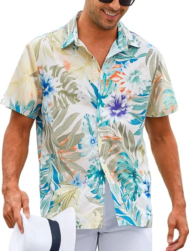 Vista 2 de ZAFUL Camisa hawaiana de algodón de manga corta con botones para el verano, para playa tropical