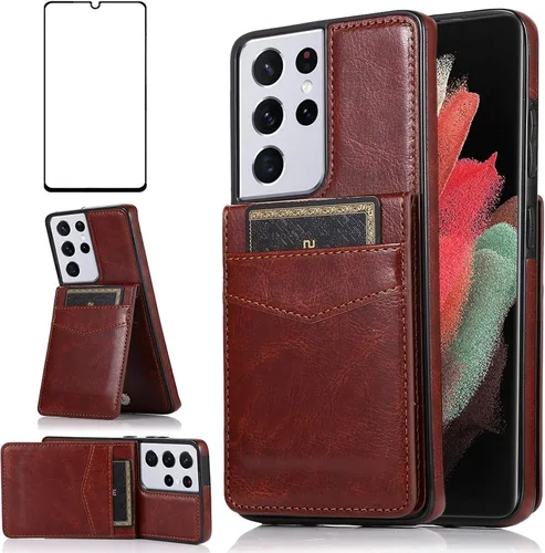 Vista 9 de Funda de teléfono para Samsung Galaxy S21 Ultra Glaxay S21ultra 5G con protector de pantalla de vidrio templado y tarjetero para tarjetas de Negro