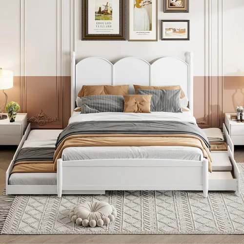 Vista 11 de MERITLINE Cama de plataforma tamaño Queen con cama nido individual XL y 2 cajones de almacenamiento, marco de cama de plataforma de madera maciza