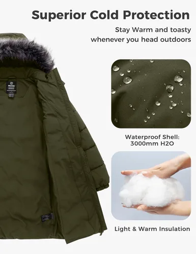 Vista 5 de Wantdo - Chamarra acolchada larga para mujer, chaqueta ligera y cálida con capucha Verde militar