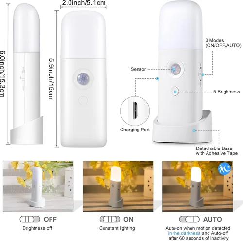 Vista 5 de CREWEEL Luces nocturnas con sensor de movimiento para interiores, luz nocturna recargable, funciona con pilas, luz nocturna portátil con brillo