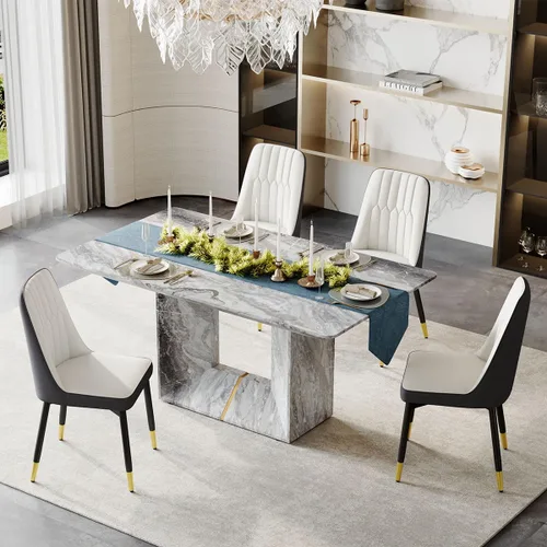 Vista 11 de Juego de mesa de comedor para 4, juego de mesa de comedor de 5 piezas con sillas, mesa moderna de mármol sintético de 63 pulgadas con 4 sillas