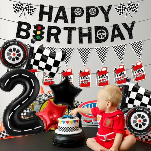 Vista 3 de Decoraciones de fiesta de cumpleaños de auto de carreras, globo negro número 2 de 40 pulgadas, globo de aluminio para decoración de cumpleaños