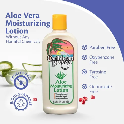 Vista 4 de Caribbean Breeze Loción hidratante de aloe, loción de aloe vera para el cuerpo, loción de aloe enriquecida con vitaminas con té verde y granada, 8.5