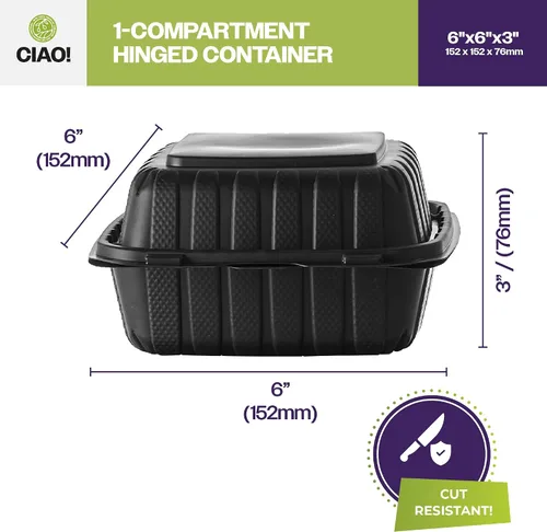 Vista 4 de CIAO! Contenedor negro con bisagras MFPP de 6"x6"x3" con tapa, 1 compartimento (caja de 300)