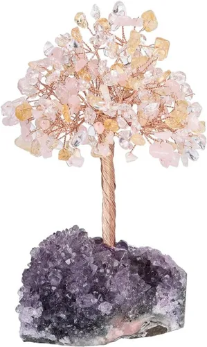 Vista 3 de Árbol de cristal con piedras curativas naturales sobre base drusa de amatista, árbol de la vida bonsái para la salud y la curación de la suerte