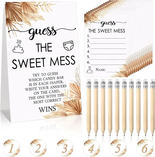 Vista 13 de Juego de 67 piezas de pañales sucios de Guess The Sweet Mess para baby shower, incluye letrero de Adivina el dulce lío, 50 tarjetas pequeñas, 10