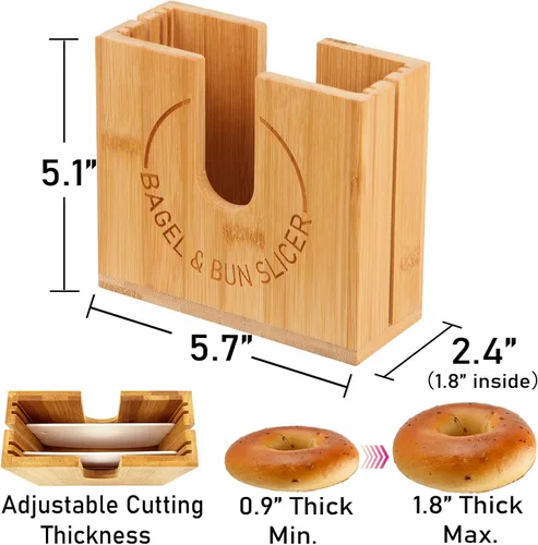 Vista 6 de Soporte de corte de bagel ajustable Soporte de corte de bagel de bambú con ranuras ajustables de ancho para bagels pequeños y grandes, bollos