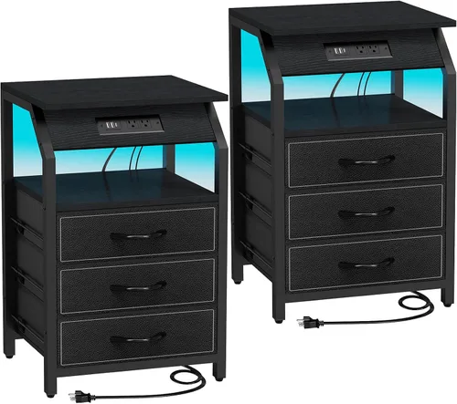 Vista 12 de SZLHANJZ Mesa auxiliar con luz, mesita de noche LED con 2 cajones y estación de carga tipo C, mesita de noche de tela pequeña para mesita de noche