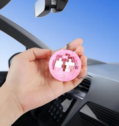 Vista 5 de Bola de discoteca rosa, accesorio de coche de bola de discoteca, colgante de espejo retrovisor (rosa)
