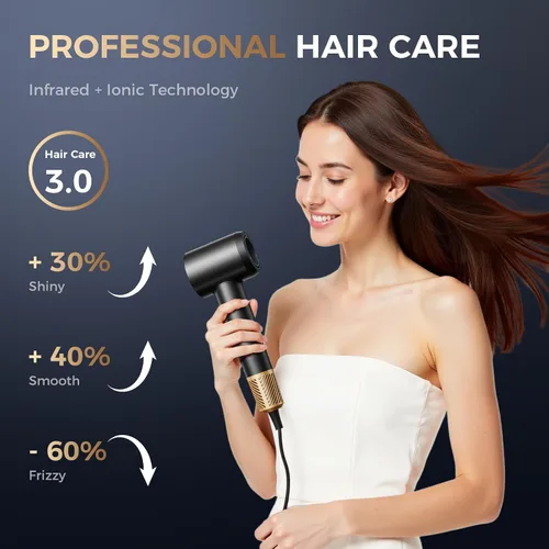 Vista 5 de Secador de pelo infrarrojo, 160000 RPM de bajo ruido para mujeres y hombres, control profesional de encrespamiento de iones negativos y sin daños
