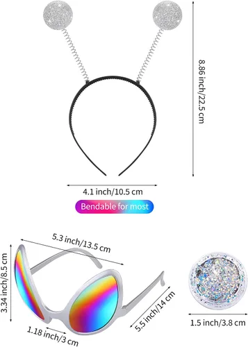 Vista 4 de SOMSOC Paquete de 5 disfraces de alienígena para mujer, incluye parte superior metálica y camisa, antena, diadema y lentes con purpurina
