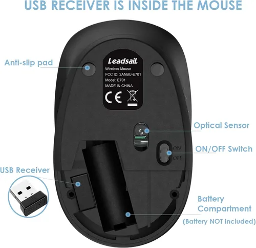 Vista 6 de LeadsaiL Mouse inalámbrico para laptop, mouse USB silencioso de 2.4 GHz, mouse óptico delgado con 3 botones, 1600 DPI, funciona con Windows, Mac