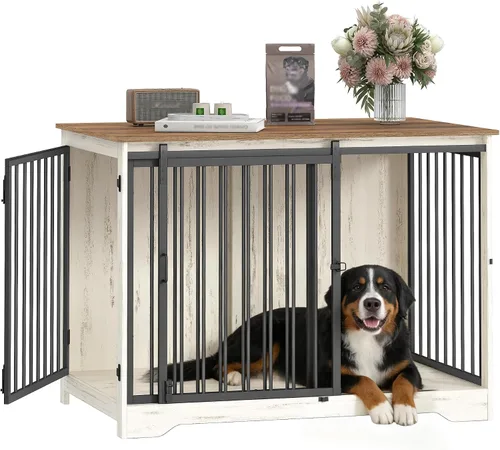 Vista 12 de Hzuaneri Mueble de jaula para perros de 27.2 pulgadas con puerta de granero, perrera resistente para interiores con 2 puertas, mesa auxiliar jaula