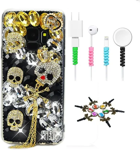Vista 11 de Sparkle - Funda compatible con Samsung Galaxy Note 10, elegante funda 3D hecha a mano con diseño de borla de calavera con protector de cable
