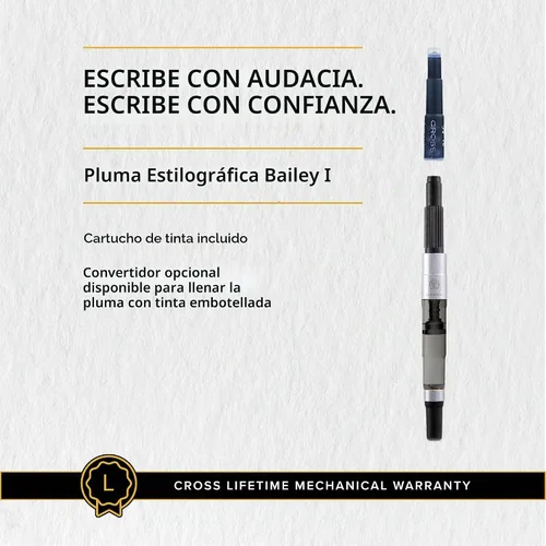 Vista 6 de Cross Bailey Pluma Fuente Recargable Presentada en una Caja de Regalo Premium - Punta Media, Tinta Negra, Negro Fountain Pen for Effortless