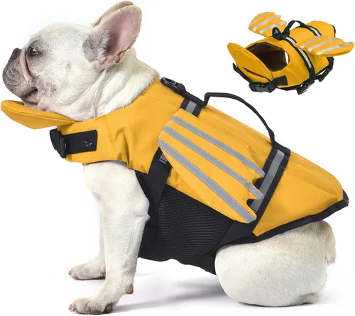 Vista 9 de Petglad Chaleco salvavidas para perro, chaleco salvavidas ajustable con alas lindas con flotador de barbilla y asa, para nadar, navegar, chaleco Azul