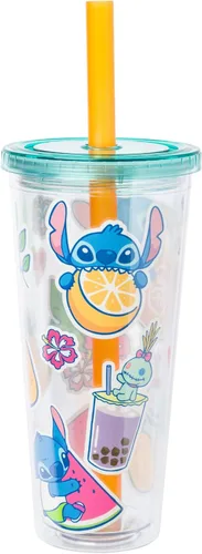 Vista 4 de Silver Buffalo Disney Lilo and Stitch Snacking and Expression - Vaso de acero inoxidable de doble pared con pajilla, 22 onzas
