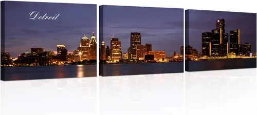 Vista 21 de TUMOVO 3 piezas de arte de pared en lienzo con diseño de horizonte de Atlanta, arte de pared panorámico de paisaje urbano en blanco y negro