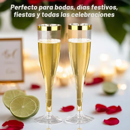 Vista 7 de Goodluck Paquete de 36 copas de champán transparentes de plástico de 6.5 onzas con borde dorado, vasos desechables de champán para brindis de boda