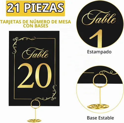 Vista 2 de JOYIT 21 juegos de tarjetas de mesa de boda del 1 al 20 y de la mesa principal con 21 soportes de números de mesas, tarjetas de números de oro negro