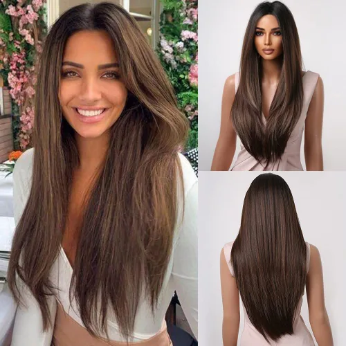 Vista 8 de Allbell Pelucas marrones largas negras para mujeres negras, pelucas de cabello lacio castaño oscuro con reflejos rubios, peluca larga de parte