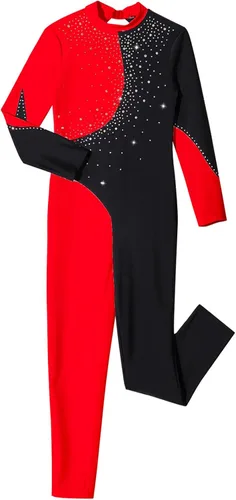 Vista 4 de Loyan Overol de manga larga para niña, overol de una pieza, body de gimnasia y ballet, leotardo de danza Negro&rojo