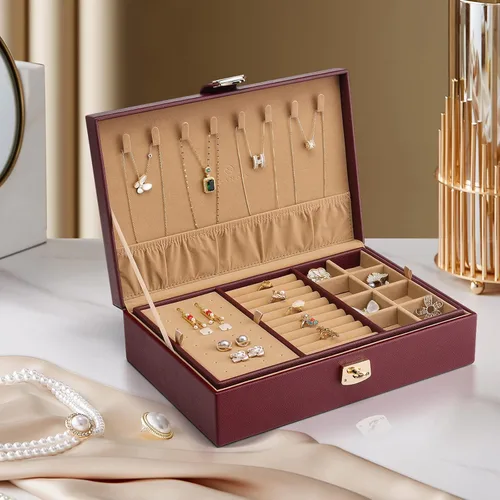 Vista 3 de Vlando Joyero para mujeres y niñas organizador de joyas grande de 2 capas soporte de joyería de piel sintética con bandeja extraíble para collares