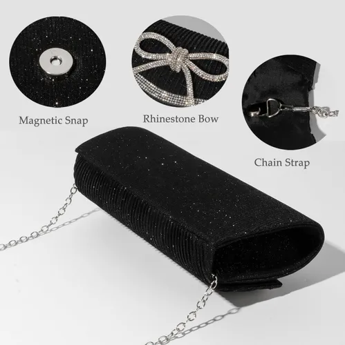 Vista 6 de Bolso de mano con lazo para mujer, de noche, brillante, con purpurina, para bodas, con brillos, de strass, para fiestas, de graduación, elegante