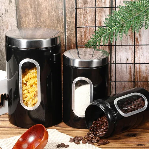 Vista 4 de Maxdot Juego de 6 recipientes negros para encimera de cocina, té, café, azúcar, con ventana transparente, tarro de café, contenedor de azúcar