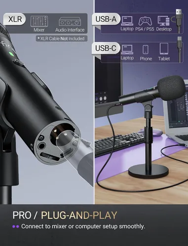 Vista 3 de FIFINE - Micrófono dinámico USB/XLR para grabación de podcast, juego de micrófono de mano de estudio con soporte de escritorio para voz, voz en off