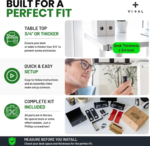 Vista 5 de VI+AL Soporte para laptop debajo del escritorio - Estante oculto de metal con almacenamiento lateral, gancho y organizador de cables - Se instala