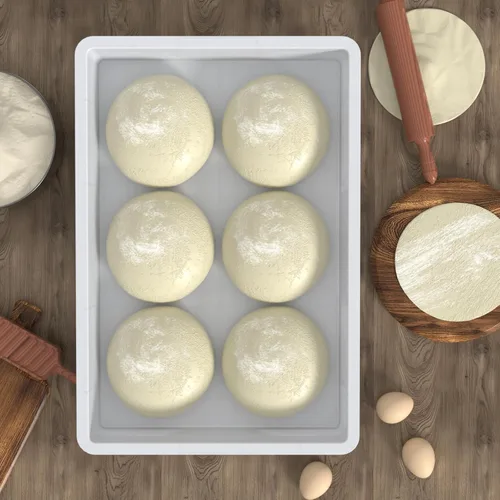 Vista 2 de Paquete de 4 cajas comerciales de prueba de masa, bandeja apilable de plástico para masa de pizza, color blanco