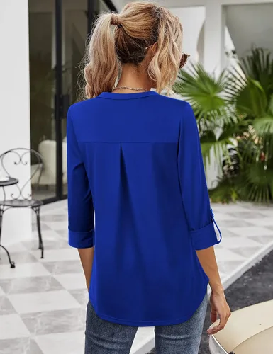 Vista 2 de VALOLIA Camisas enrollables de manga 34 para mujer, cuello en V, estilo casual, blusas sueltas de trabajo