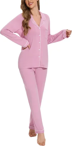Vista 6 de Juego de pijama con botones para mujer, de manga larga, ropa de dormir suave, conjunto de ropa de descanso, tallas XS-XXL bean paste