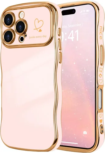 Vista 113 de LCHULLE - Funda para iPhone Air, linda para mujeres y niñas, con forma de onda, color azul bebé Luxury Plating Curly Wavy Frame with Love Heart