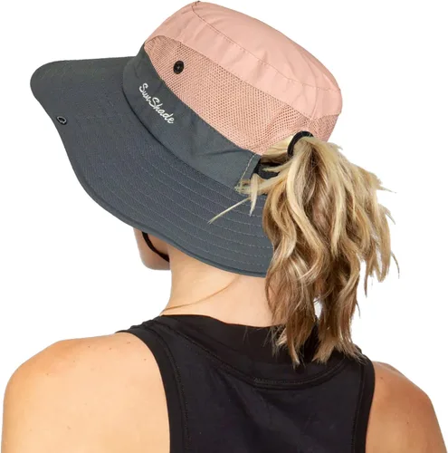 Vista 41 de Sombrero de pesca de playa de ala ancha para mujer, con protección UV, plegable, con agujero para cola de caballo