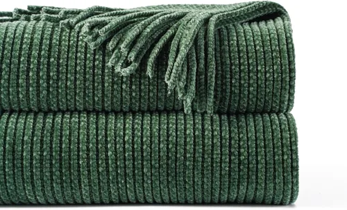Vista 10 de BATTILO HOME Manta verde manzana para sofá, suave manta de punto de chenilla con borlas para la decoración del hogar, manta verde primavera