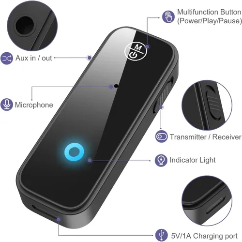 Vista 5 de Paquete de 2 adaptadores Bluetooth Aux para coche, receptor transmisor Bluetooth 5.3 2 en 1 para auriculares, altavoz de audio para el hogar