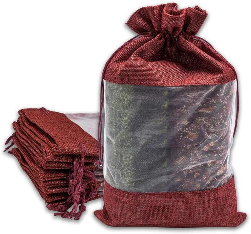 Vista 21 de TheDisplayGuys para tu vida moderna - Paquete de 12 bolsas de regalo pequeñas de arpillera de lino y organza con cordones (8.9x14 cm, gris)
