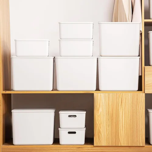 Vista 8 de Paquete de 4 contenedores grandes de plástico blanco con tapas, caja de juguetes con asa, contenedores organizadores para bebé, guardería, estantes