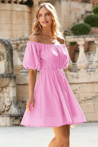 Vista 7 de PRETTYGARDEN Vestido babydoll con hombros descubiertos para mujer, manga corta abombada, casual, acampanado, con volantes, vestidos de verano