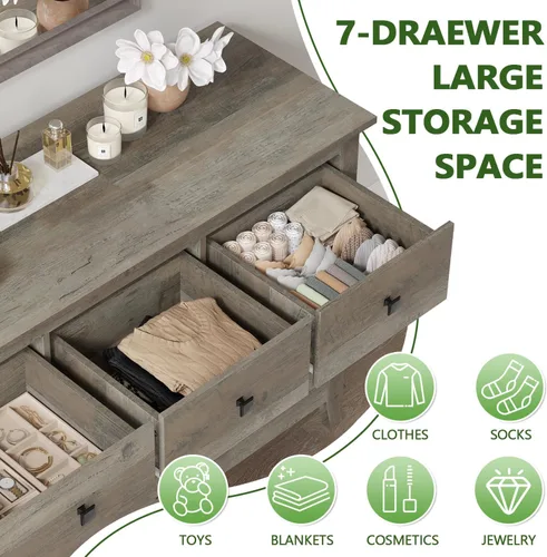 Vista 4 de Vikiullf – Cómoda de 7 cajones - Cajonera de dormitorio de madera, cajones de almacenamiento grises para dormitorio, sala de estar, organizador