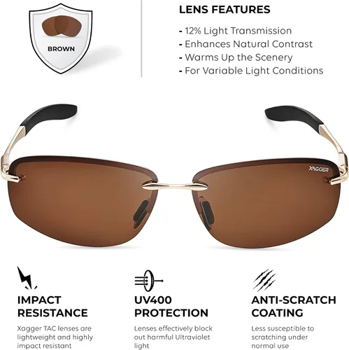 Vista 3 de Xagger Gafas de sol polarizadas para hombre, marco de metal sin marco, protección UV400, gafas de sol