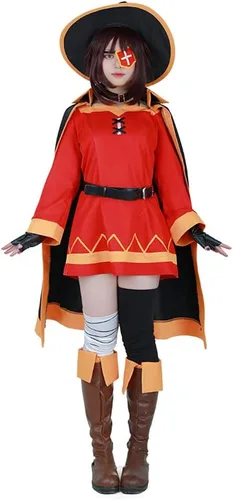 Vista 2 de miccostumes Disfraz de bruja de anime para mujer, vestido rojo con sombrero y capa