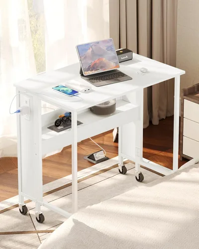 Vista 11 de CHOEZON Escritorio plegable moderno para computadora de 31.5 pulgadas con tomas de corriente, ruedas, almacenamiento, perfecto para espacios Negro