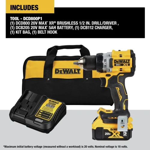 Vista 2 de DEWALT 20V MAX* XR® Kit de taladro/destornillador inalámbrico sin escobillas de 1/2 pulgada (DCD800P1), Amarillo
