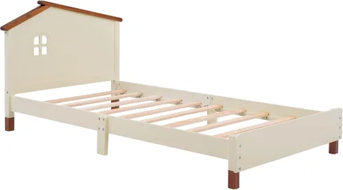Vista 5 de Cama de plataforma de madera de tamaño individual con cabecera en forma de casa, soporte de listones de madera, para dormitorio de niños, niñas