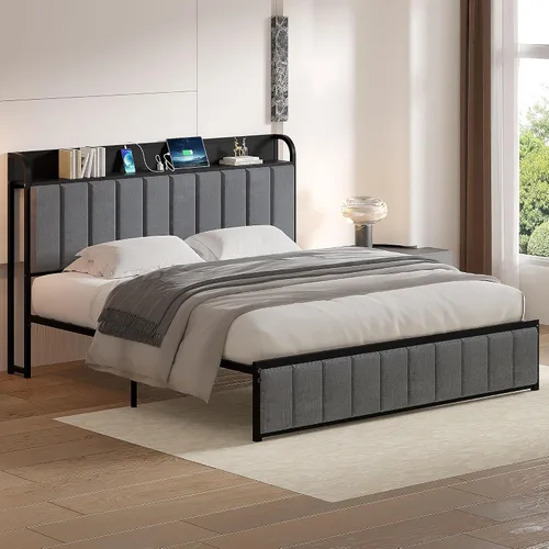 Vista 7 de VECELO Marco de cama Full, cabecera tapizada con almacenamiento y estación de carga, marco de cama de plataforma, listones de metal resistente,