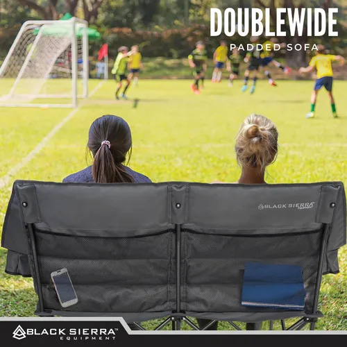 Vista 5 de Black Sierra - Silla de campamento plegable doble acolchada, sofá de campamento plegable de gran tamaño, sofá biplaza portátil para exteriores